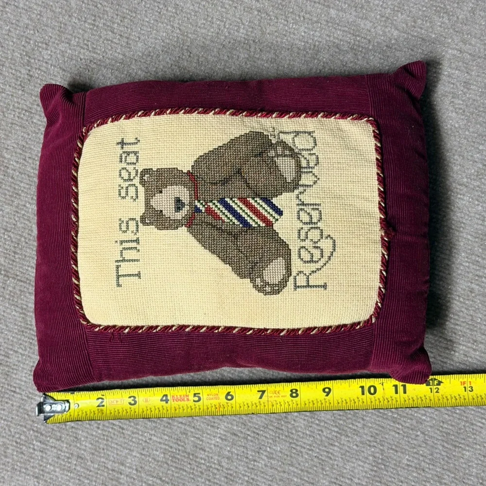 Vtg Needlepoint Teddy Bear This Seat Reserved Accent Pillow Burgundy Corduroy